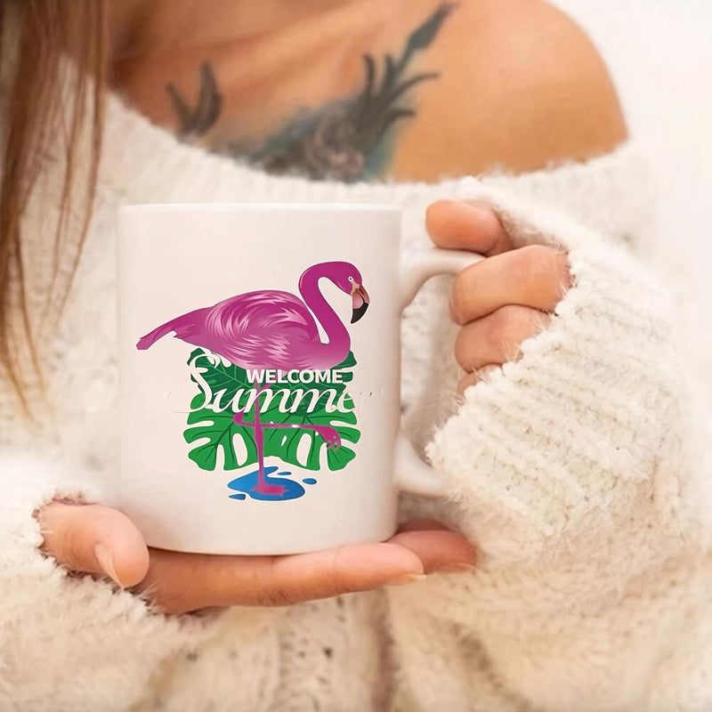 Tailorly White Ceramic 11 oz Mug - Welcome Summer Graceful Pink Bird Standing Among Lush Green Tropical Monstera Leaves Flamingo