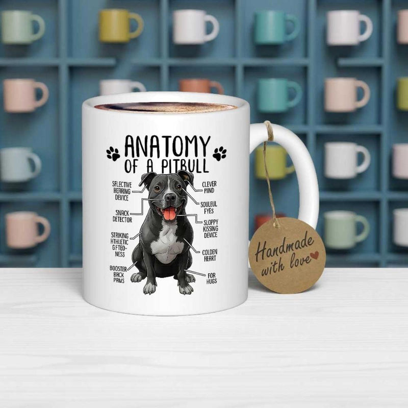 Tailorly White Ceramic 11 oz Mug - Anatomy Of A Pitbull Detailed Black And White Dog Sitting Among Decorative Paw Prints And Lines Pitbull