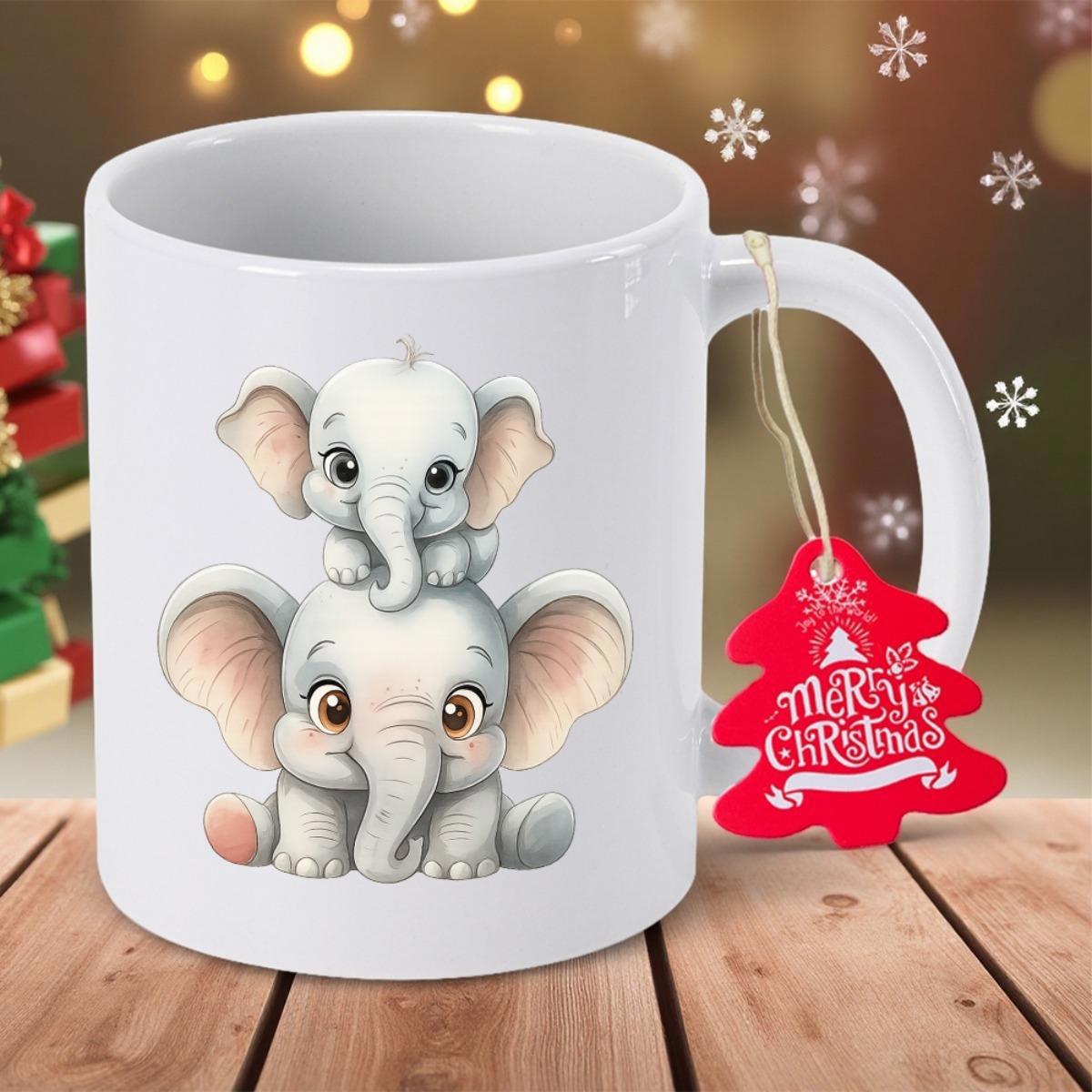Tailorly White Ceramic 11 oz Mug - Merry Christmas Adorable Baby Elephants Stacked Together Celebrating Festive Holiday Seasons Elephant
