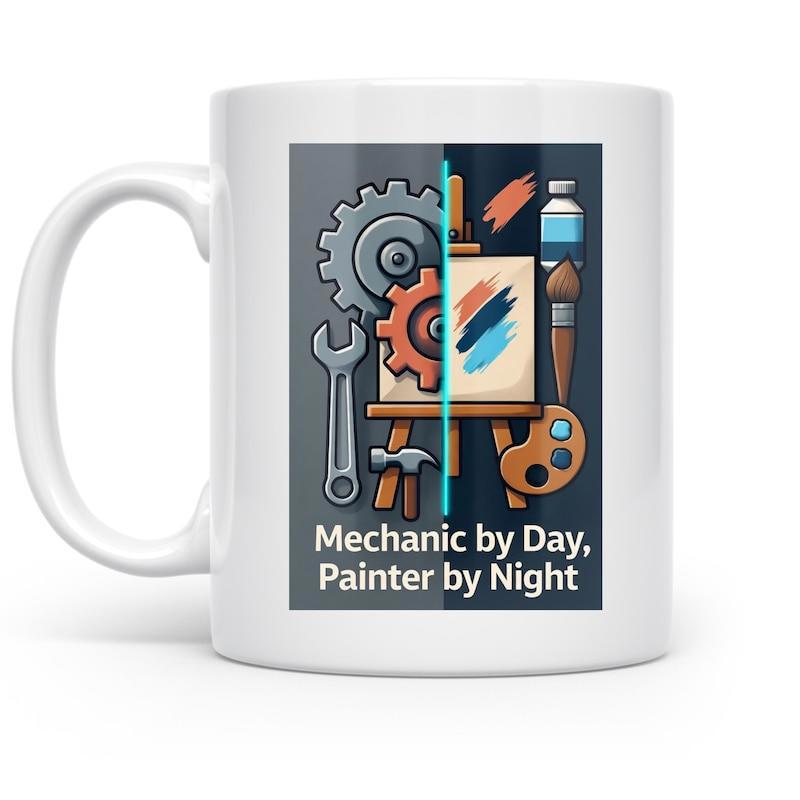 Tailorly White Ceramic 11 oz Mug - Mechanic By Day Painter By Night Split Illustration Showing Industrial Mechanical Gears Opposite Creative Artistic Paint Brushes