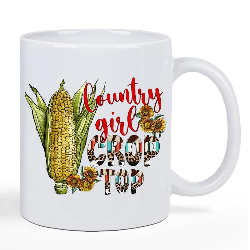 Tailorly White Ceramic 11 oz Mug - Country Girl Crop Top Yellow Golden Corn Cob With Green Husks And Beautiful Sunflowers Corn