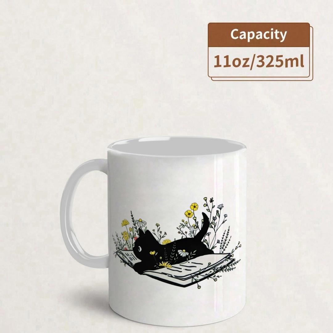 Tailorly White Ceramic 11 oz Mug - Charming Black Cat Resting On Open Book Among Colorful Delicate Wildflowers Cat