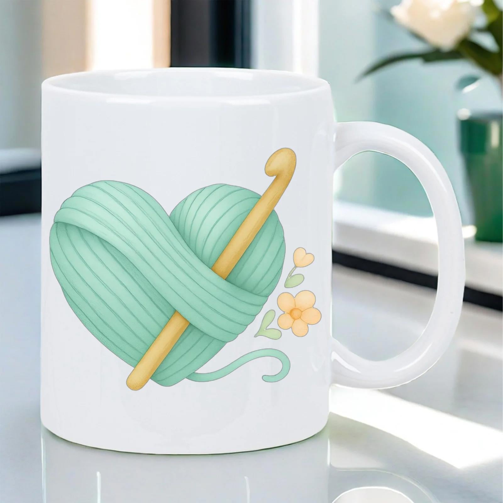 Tailorly White Ceramic 11 oz Mug - Mint Green Yarn Heart With Yellow Crochet Hook And Small Flowers Heart