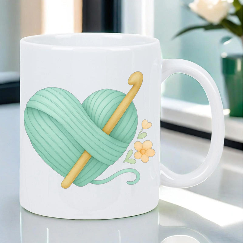 Tailorly White Ceramic 11 oz Mug - Mint Green Yarn Heart With Yellow Crochet Hook And Small Flowers Heart