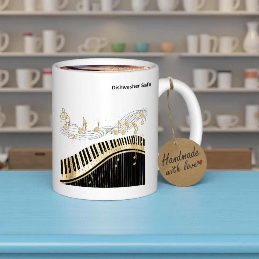 Tailorly White Ceramic 11 oz Mug - Flowing Musical Notes Above Gold And Black Classic Piano Keys Keyboard