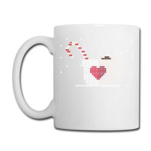 Tailorly White Ceramic 11 oz Mug - Vibrant Pink Pixelated Pattern Featuring Red Candy Cane And Snowy Dots Heart