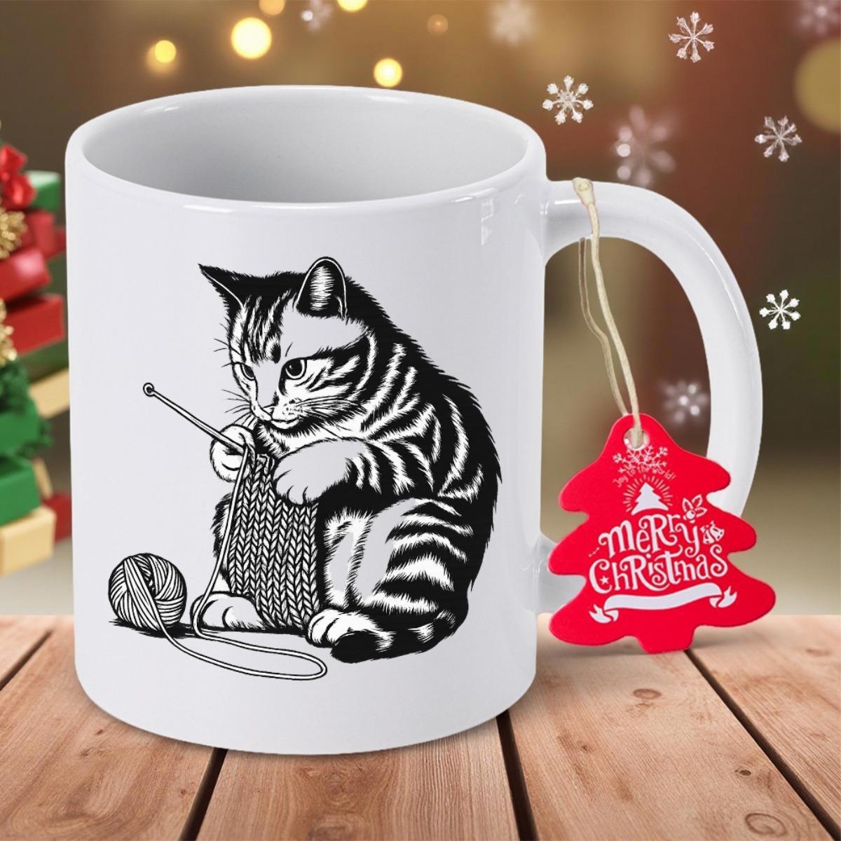 Tailorly White Ceramic 11 oz Mug - Hand Drawn Artistic Style Of Cute Striped Kitten Playing With Wool Cat