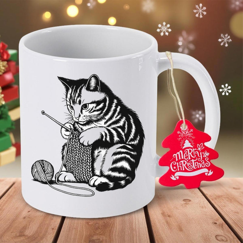 Tailorly White Ceramic 11 oz Mug - Hand Drawn Artistic Style Of Cute Striped Kitten Playing With Wool Cat