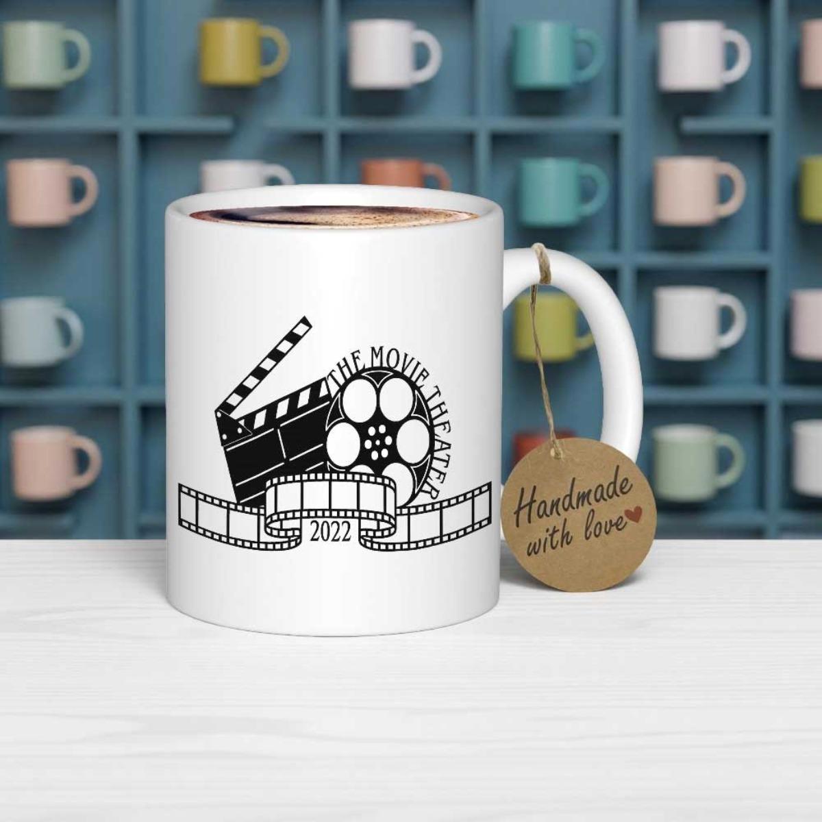 Tailorly White Ceramic 11 oz Mug - The Movie Theater 2023 Handmade With Love Classic Cinematic Clapperboard With Film Reel And Decorative Film Strip Banner Mug