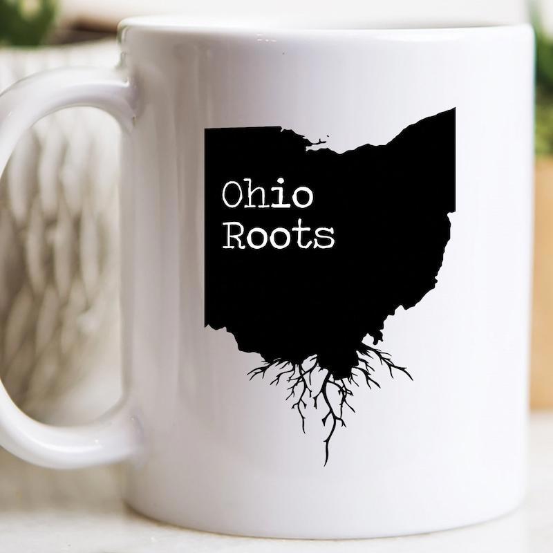 Tailorly White Ceramic 11 oz Mug - Ohio Roots Black State Silhouette Featuring Intricate Roots Growing From The Bottom Map