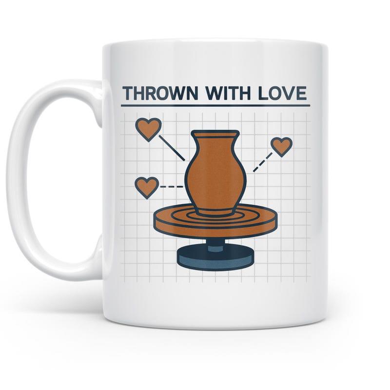 Tailorly White Ceramic 11 oz Mug - Thrown With Love Minimalist Brown Clay Vase Resting On Handcrafted Spinning Wheel Pottery