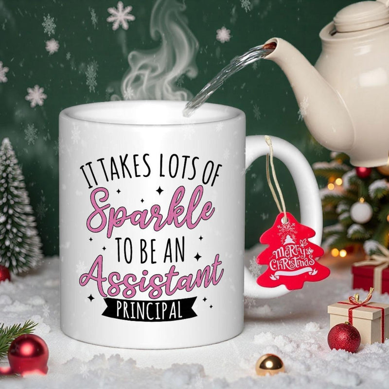 Tailorly White Ceramic 11 oz Mug - It Takes Lots Of Sparkle To Be An Assistant Principal Steaming Hot Water Pouring Into A White Ceramic Festive Christmas Scene