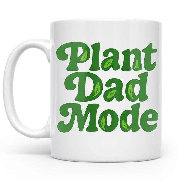 Tailorly White Ceramic 11 oz Mug - Plant Dad Mode Vibrant Green Retro Typography With Delicate Nature Leaves Design