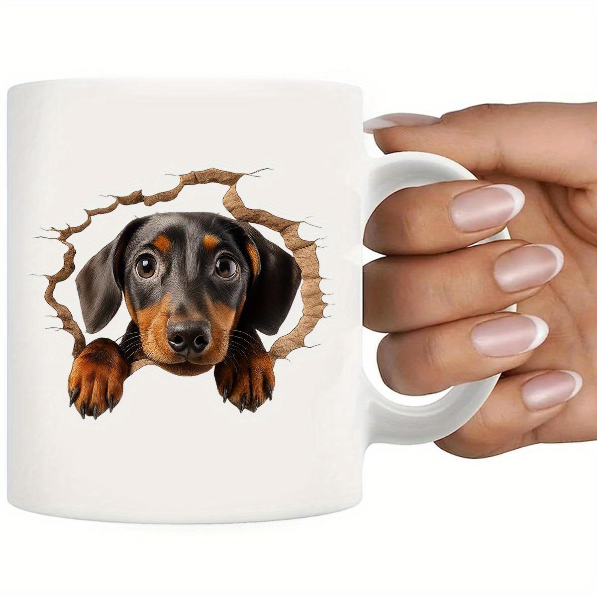 Tailorly White Ceramic 11 oz Mug - Cute Realistic Black And Tan Puppy Peeking Through Torn Paper Hole Dachshund