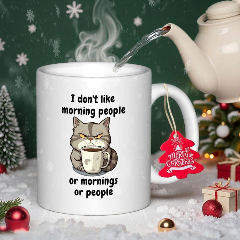 Tailorly White Ceramic 11 oz Mug - I Dont Like Morning People Or Mornings Or People Grumpy Cartoon Tabby Cat Holding A Hot Cup Of Coffee Cat