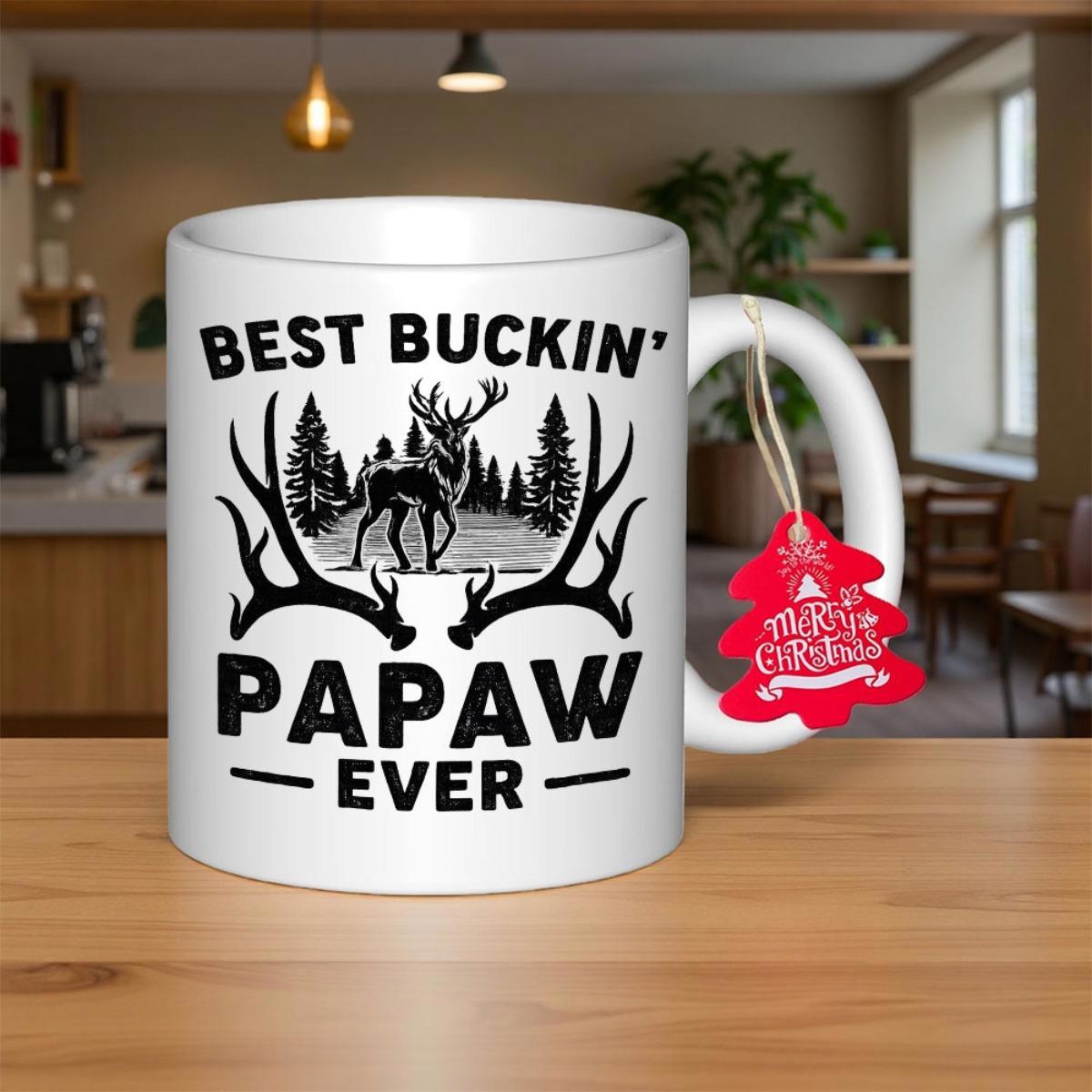 Tailorly White Ceramic 11 oz Mug - Best Buckin Papaw Ever Majestic Forest Deer Silhouette Framed By Large Antlers Buck