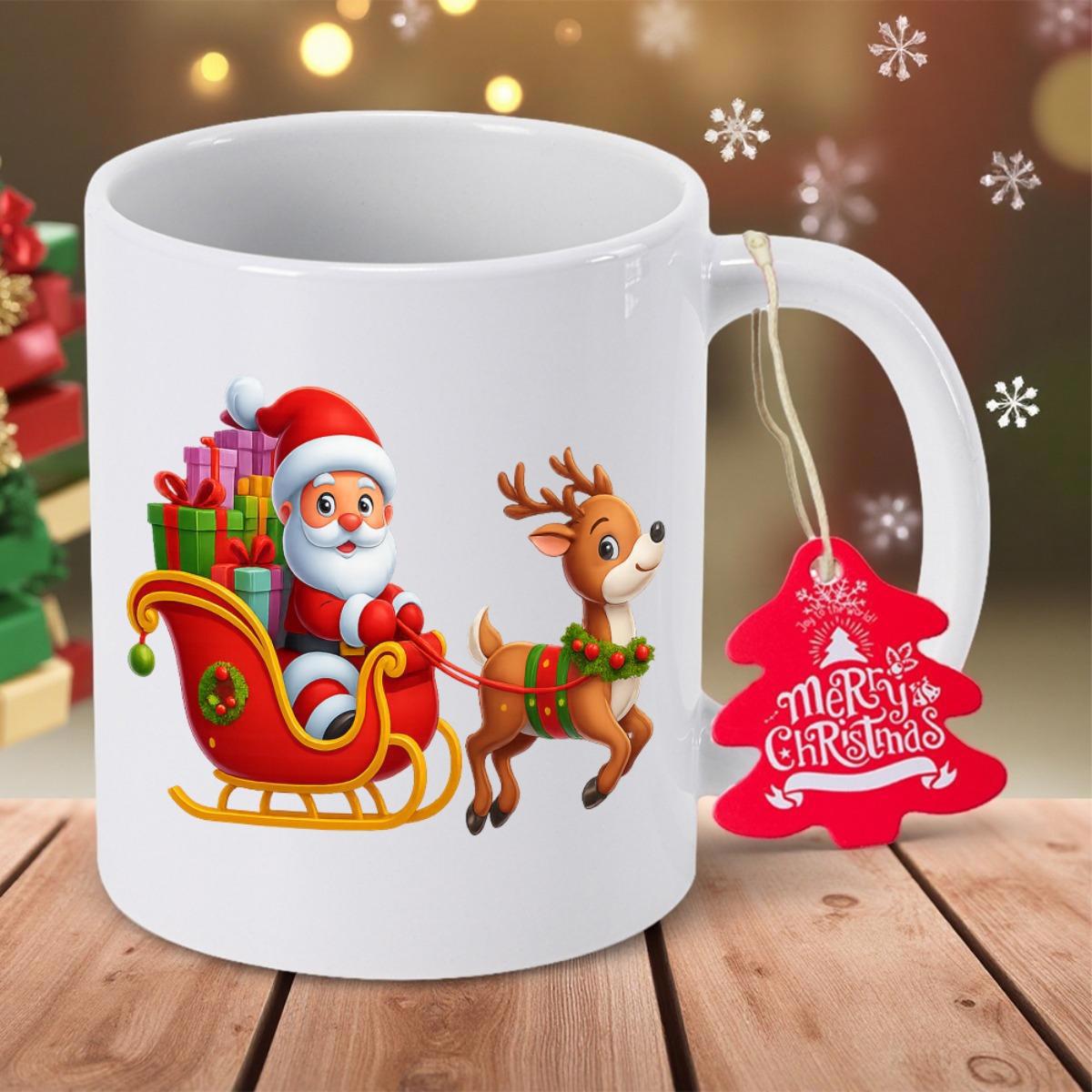 Tailorly White Ceramic 11 oz Mug - Merry Christmas Cartoon Santa Sitting In Red Sleigh Pulled By Festive Reindeer Mug
