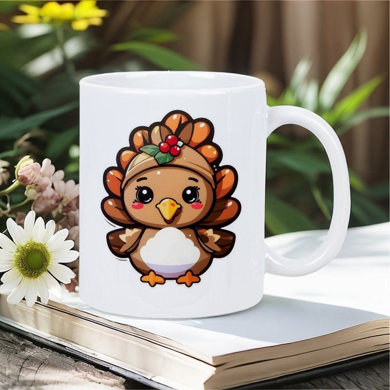 Tailorly White Ceramic 11 oz Mug - Adorable Cartoon Chibi Style Festive Thanksgiving Bird With Red Winter Berries Turkey