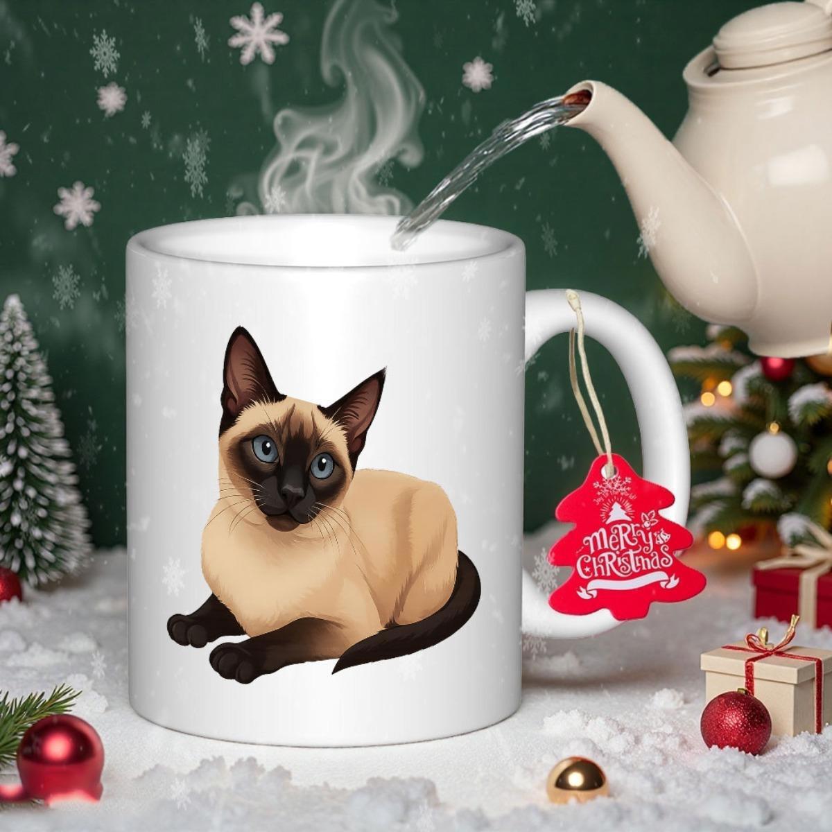 Tailorly White Ceramic 11 oz Mug - Merry Christmas Graceful Siamese Cat Resting Peacefully Amidst Snowy Festive Winter Holiday Scenery Cat