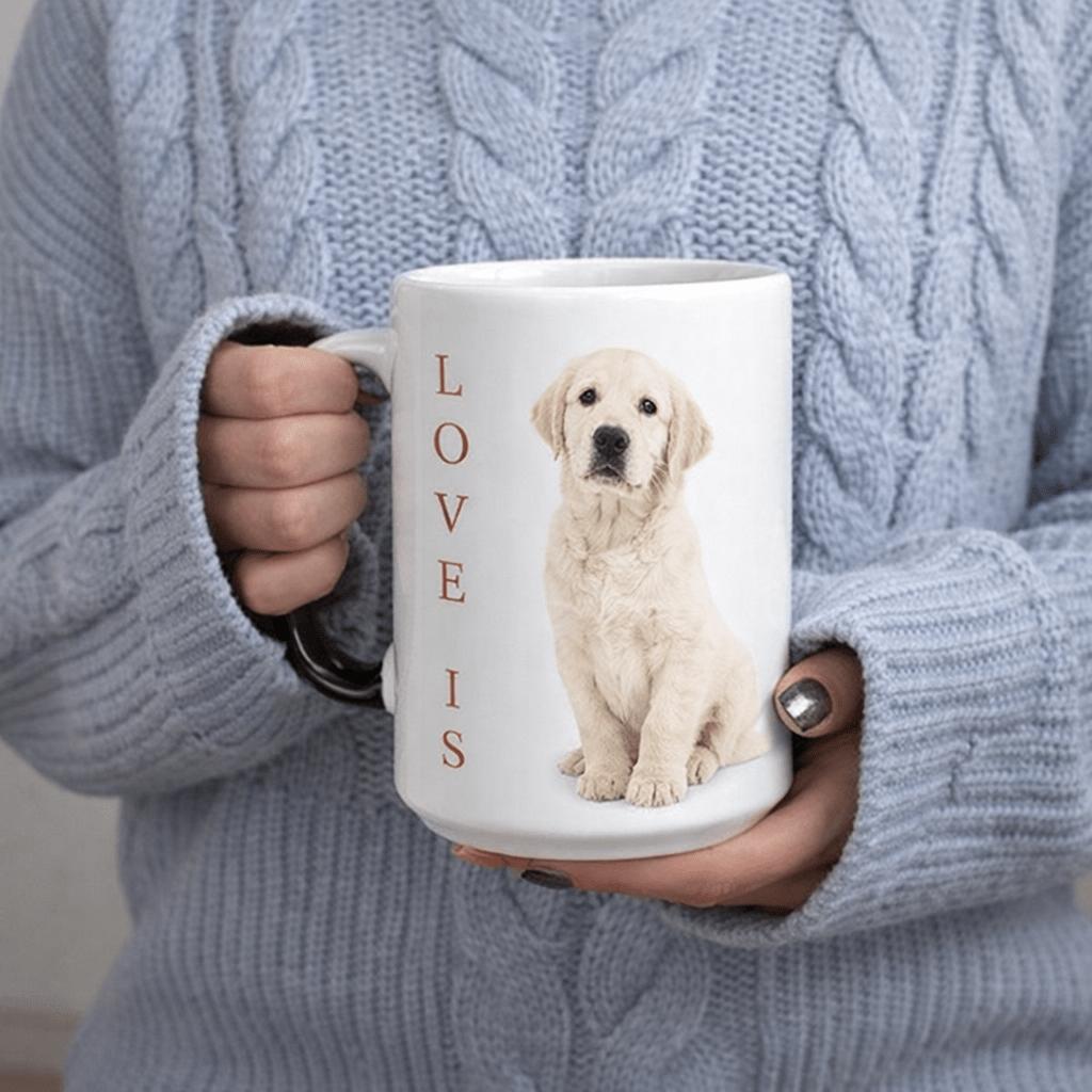 Tailorly White Ceramic 11 oz Mug - Love Is Adorable Golden Retriever Sitting Calmly With Soft Fur And Gentle Expression Puppy