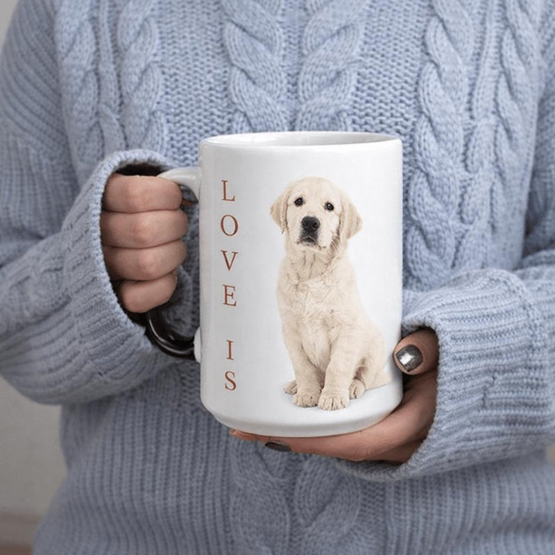 Tailorly White Ceramic 11 oz Mug - Love Is Adorable Golden Retriever Sitting Calmly With Soft Fur And Gentle Expression Puppy