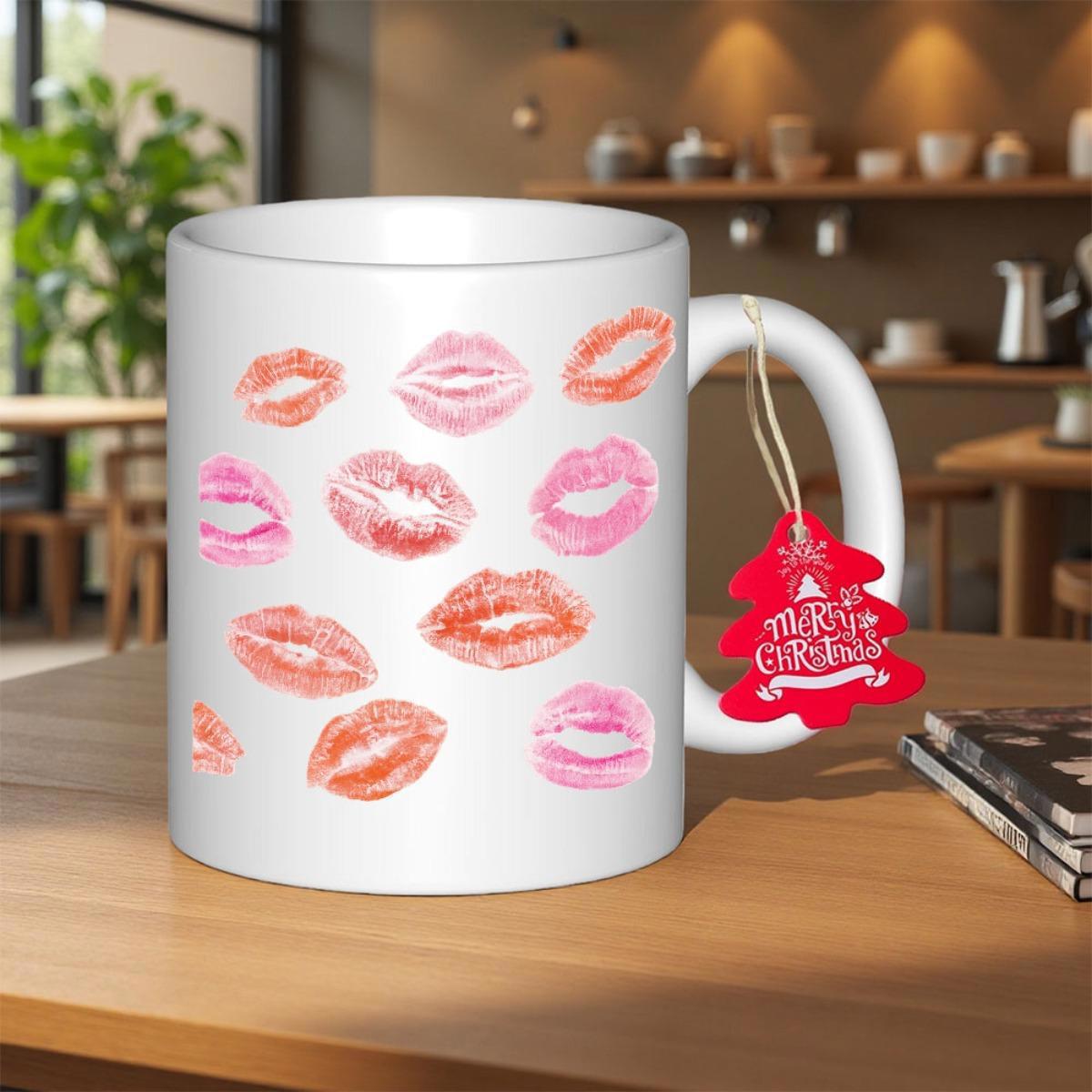 Tailorly White Ceramic 11 oz Mug - Merry Christmas Vibrant Watercolor Romantic Pink And Orange Artistic Pout Patterns Lips