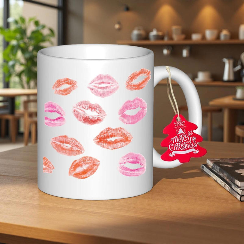 Tailorly White Ceramic 11 oz Mug - Merry Christmas Vibrant Watercolor Romantic Pink And Orange Artistic Pout Patterns Lips