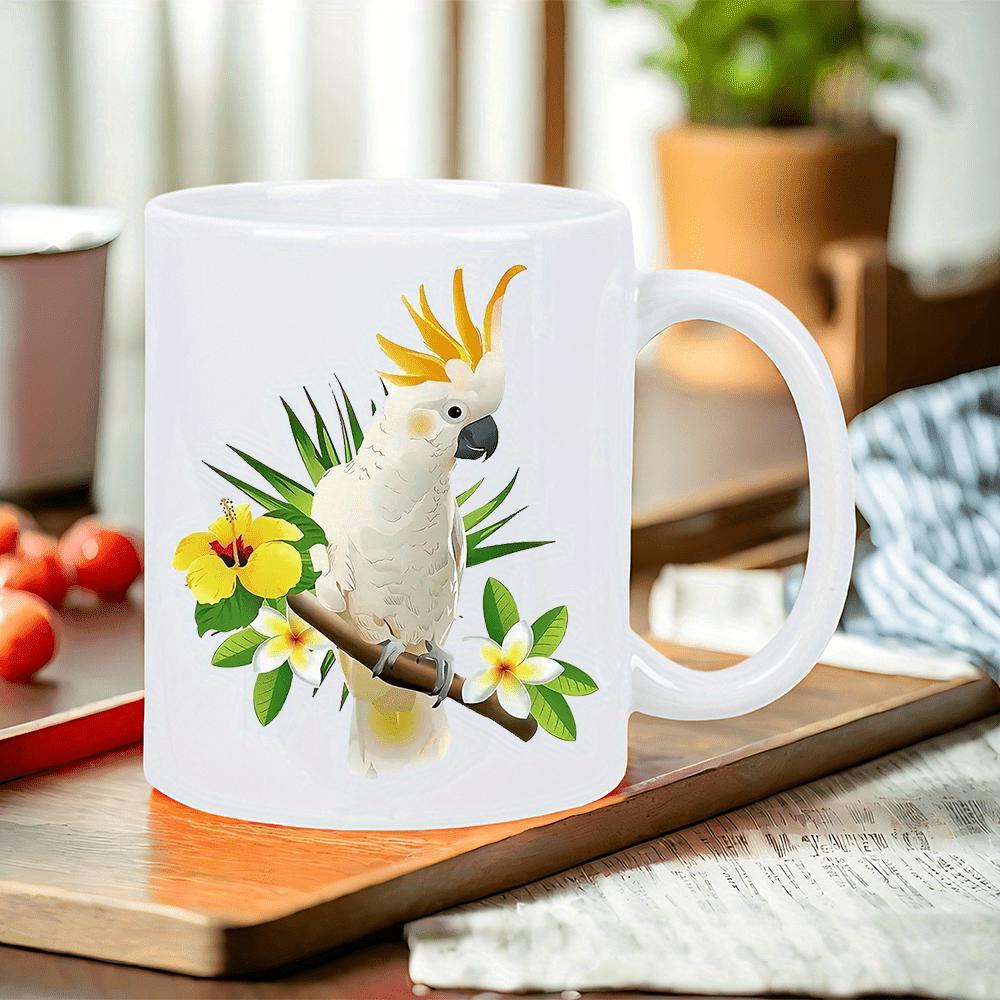 Tailorly White Ceramic 11 oz Mug - Elegant White Bird Among Tropical Yellow Hibiscus Flowers Perched Cockatoo