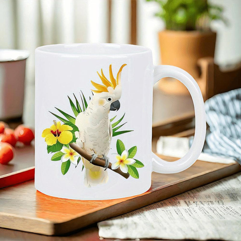 Tailorly White Ceramic 11 oz Mug - Elegant White Bird Among Tropical Yellow Hibiscus Flowers Perched Cockatoo