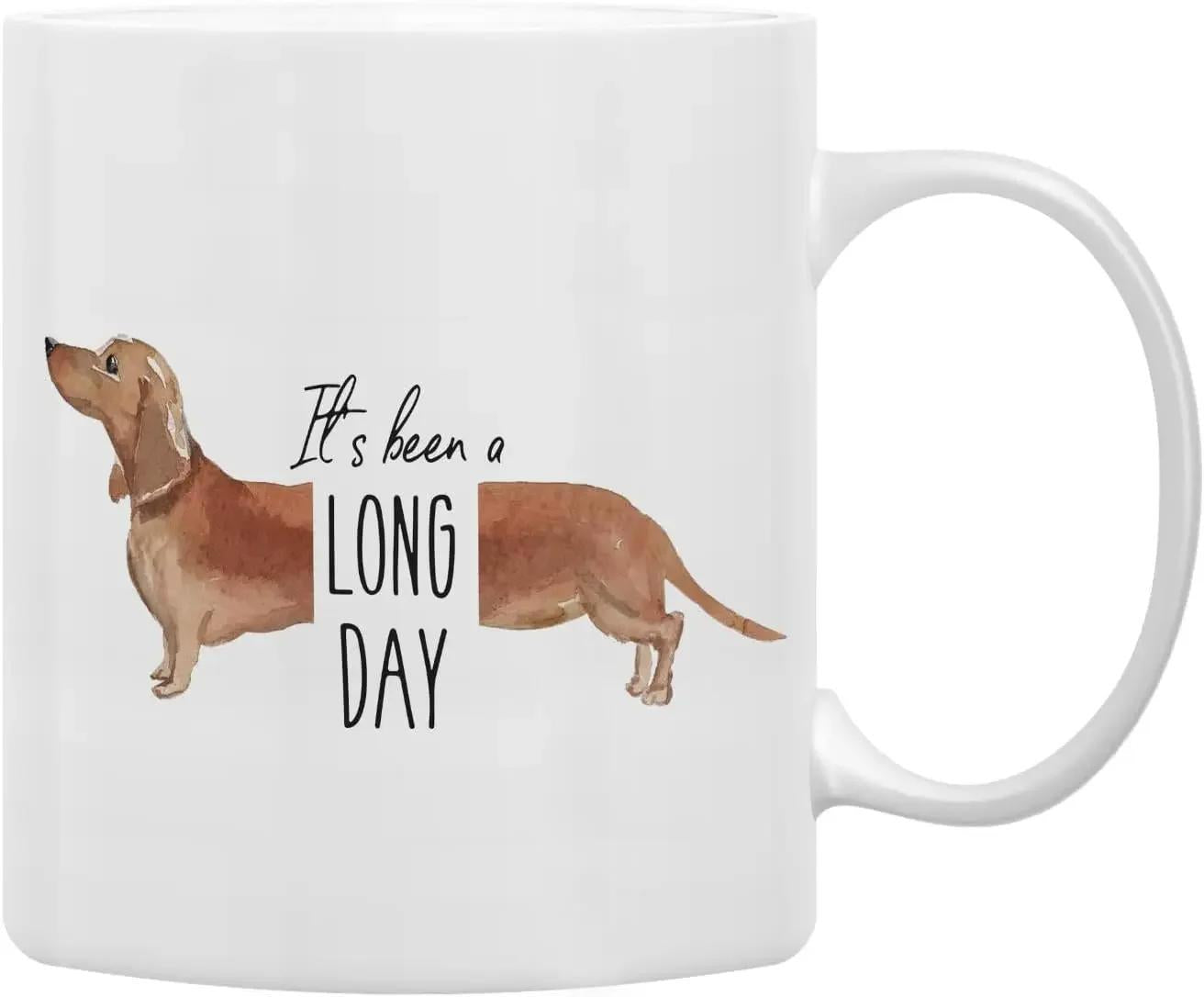 Tailorly White Ceramic 11 oz Mug - Its Been A Long Day Adorable Brown Sausage Dog Split With Minimalist Vertical Text Dachshund