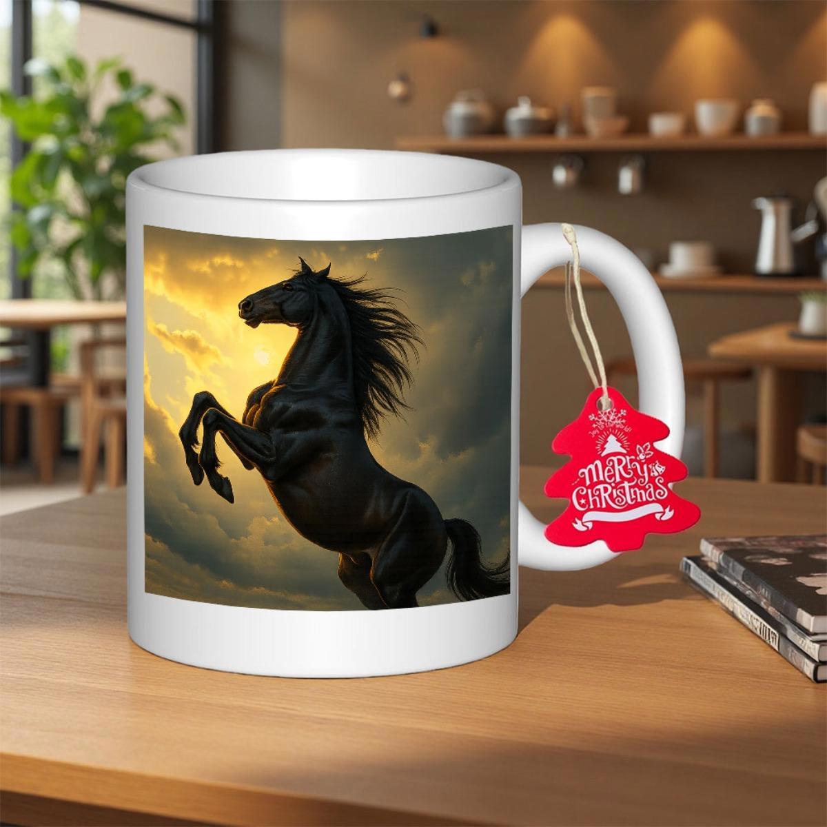 Tailorly White Ceramic 11 oz Mug - Merry Christmas Majestic Black Stallion Rearing Against A Golden Sunset Sky Horse