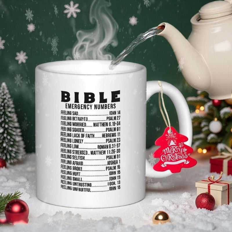 Tailorly White Ceramic 11 oz Mug - Bible Emergency Numbers Minimalist Black Typography Featuring Inspirational Religious Scripture Quotes On Smooth Ceramic Mug