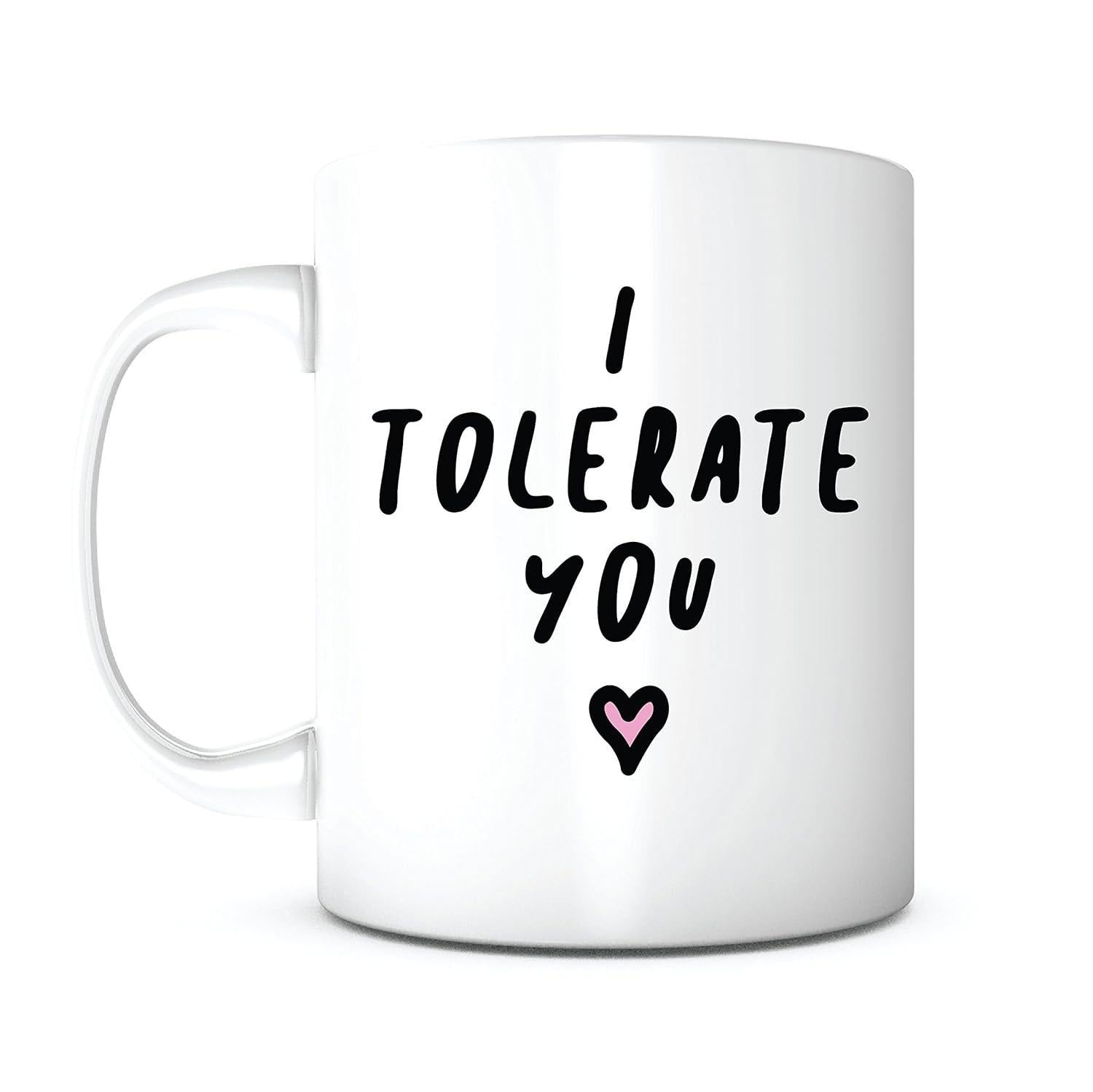 Tailorly White Ceramic 11 oz Mug - I Tolerate You Minimalist Hand Drawn Style With A Tiny Pink Outlined Heart