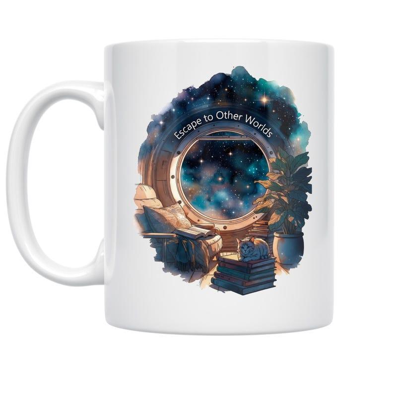 Tailorly White Ceramic 11 oz Mug - Escape To Other Worlds Cosmic Nebulae Glowing Through An Open Window Porthole