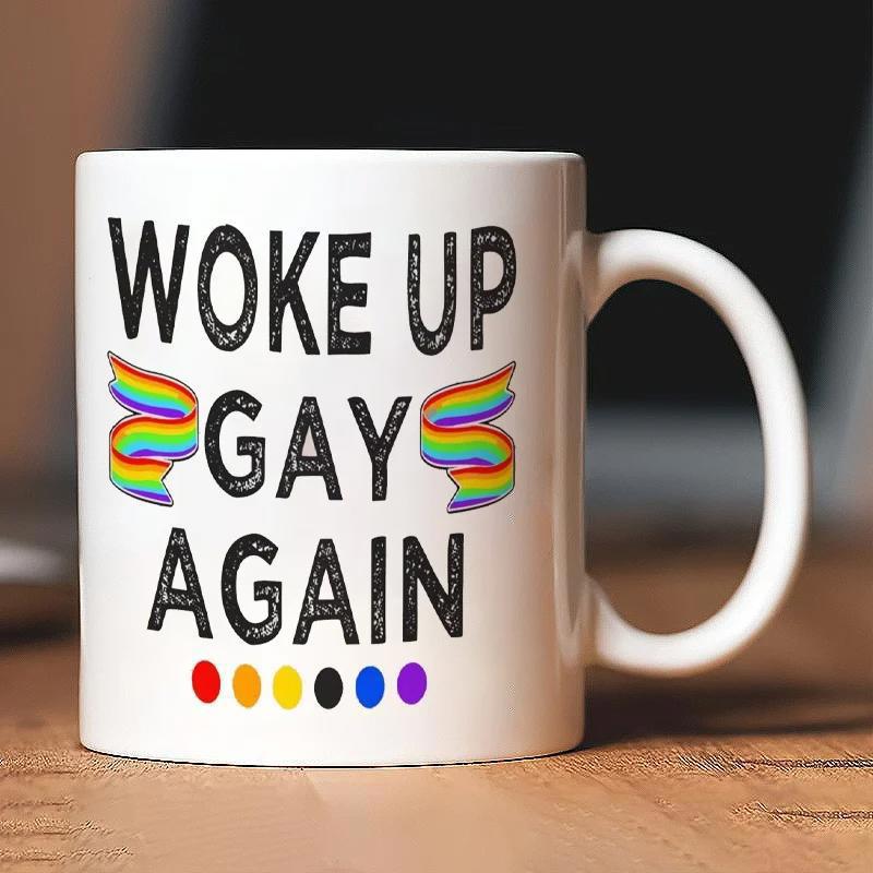 Tailorly White Ceramic 11 oz Mug - Woke Up Gay Again Colorful Rainbow Banners And Floating Vibrant Pride Symbol Dots Mug