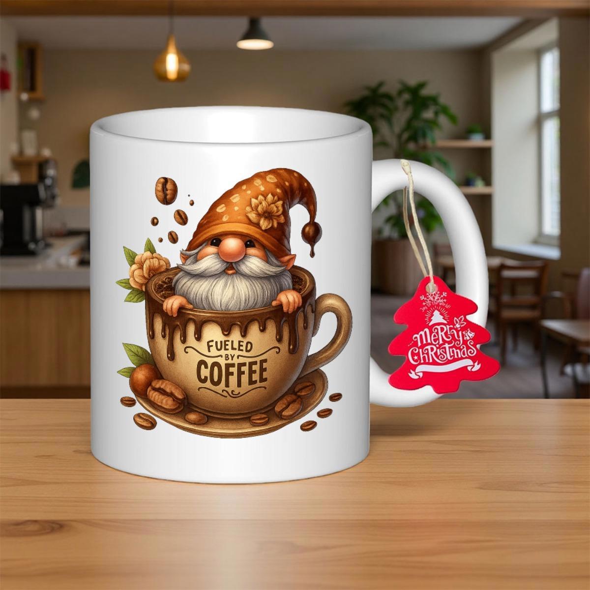 Tailorly White Ceramic 11 oz Mug - Fuelled By Coffee Merry Christmas Whimsical Character Sitting Inside A Cup With Scattered Coffee Beans Gnome