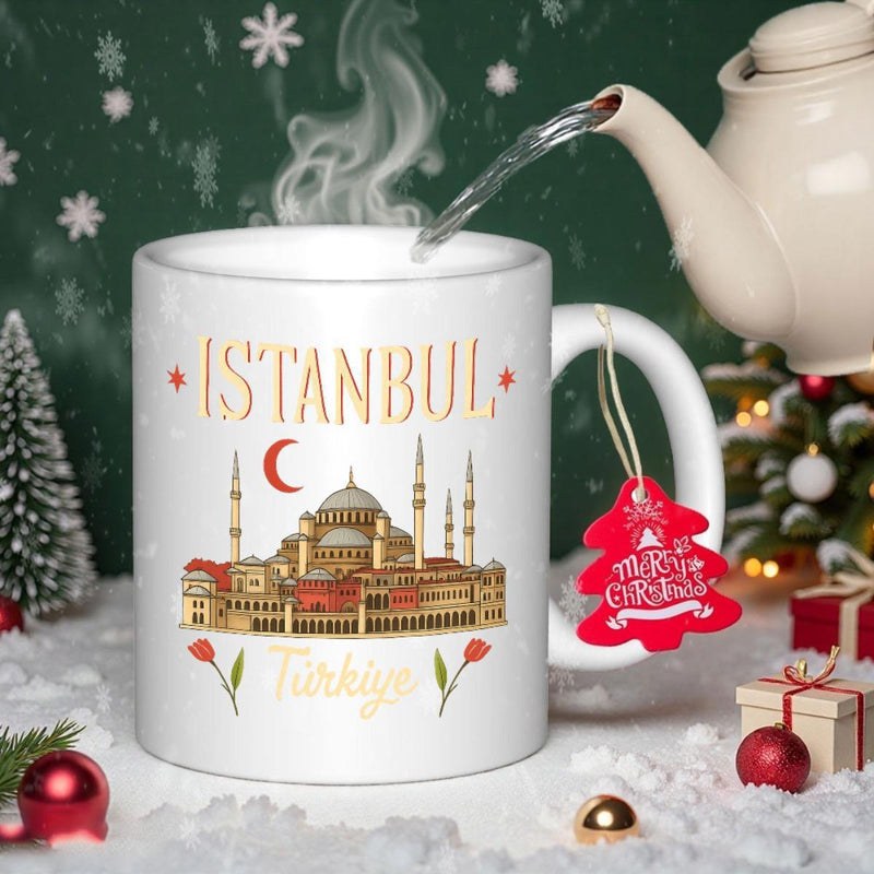 Tailorly White Ceramic 11 oz Mug - Istanbul Turkiye Elegant Mosque Silhouette Among Golden Stars And Delicate Red Floral Motifs Mug
