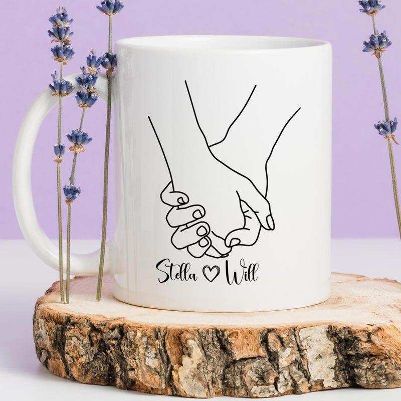 Tailorly White Ceramic 11 oz Mug - Stella Will Elegant Minimalist Line Drawing Of Two Hands Holding Each Other Hands