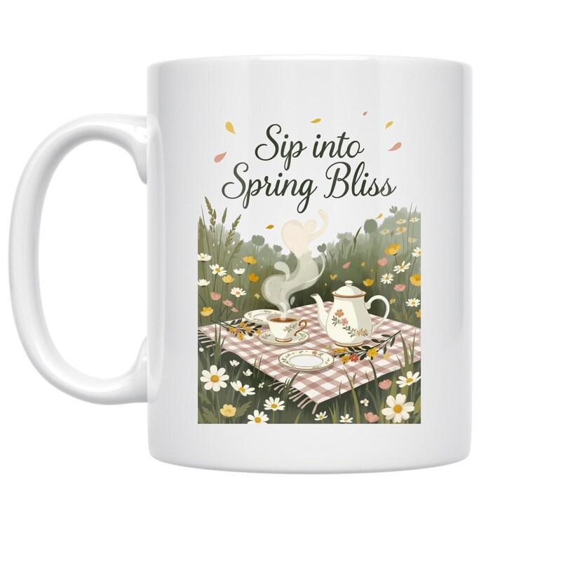 Tailorly White Ceramic 11 oz Mug - Sip Into Spring Bliss Serene Outdoor Setting With Teapot And Cup On Blanket Picnic