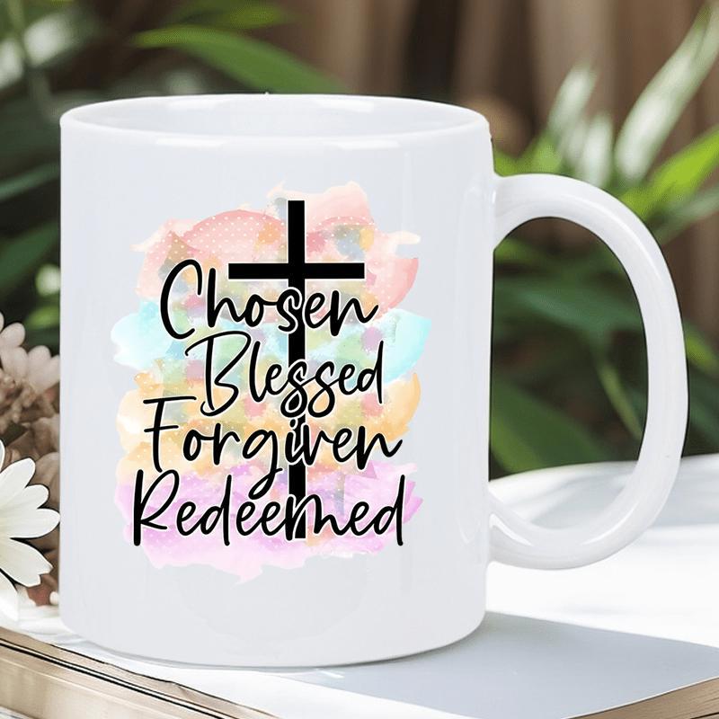 Tailorly White Ceramic 11 oz Mug - Chosen Blessed Forgiven Redeemed Minimalist Black Cross Over Soft Colorful Pastel Watercolor Cross