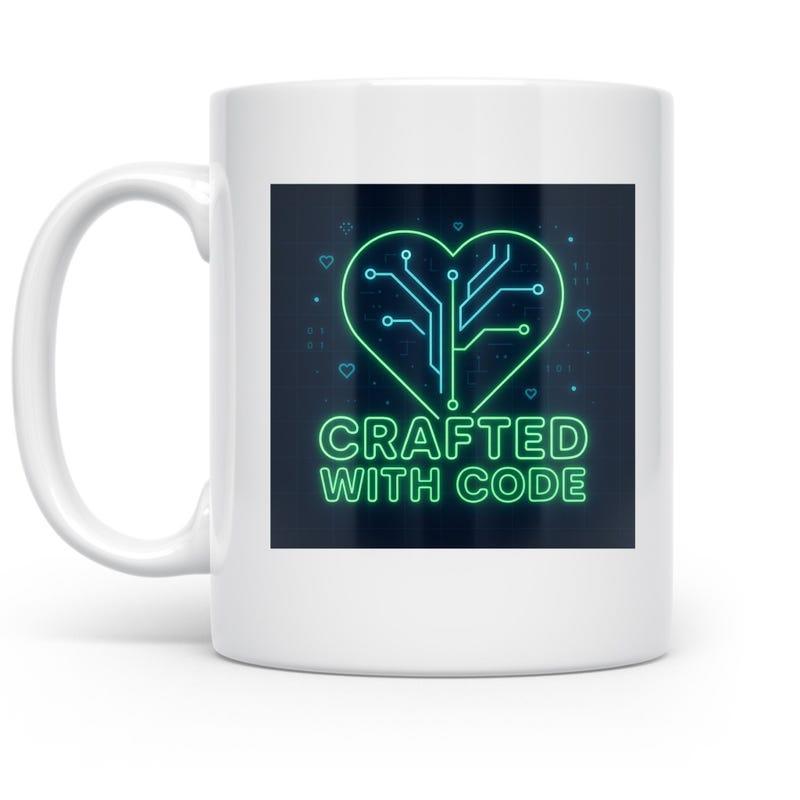Tailorly White Ceramic 11 oz Mug - Crafted With Code Neon Green Circuitry Inside Heart Shape Glowing Against Dark Background Mug