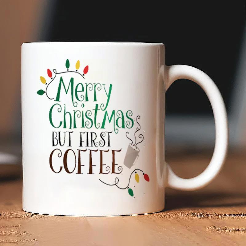Tailorly White Ceramic 11 oz Mug - Merry Christmas But First Coffee Festive Colorful Holiday String Lights With Steaming Morning Mug