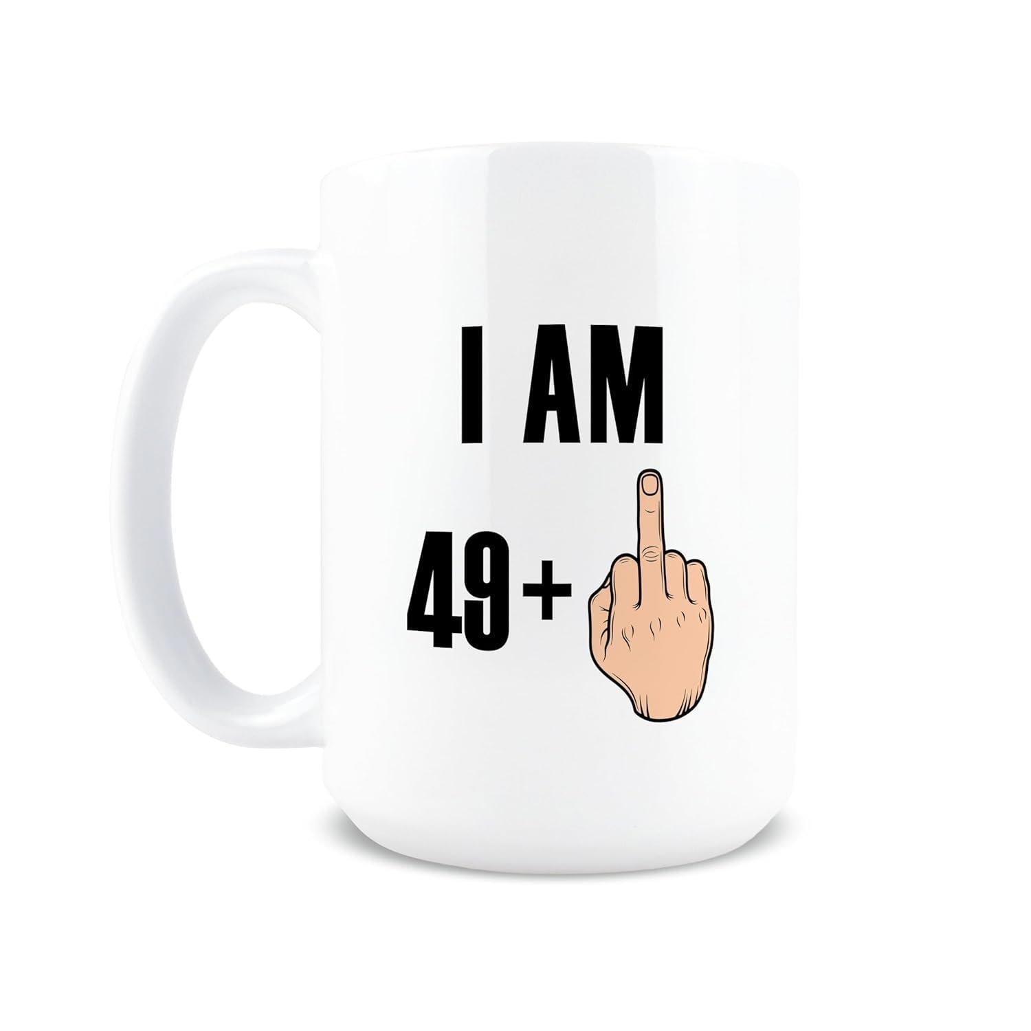 Tailorly White Ceramic 11 oz Mug - I Am 49 Minimalist Showing A Hand Gesture With A Raised Finger