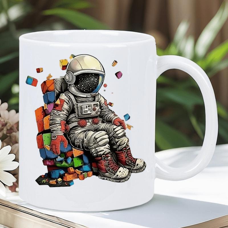 Tailorly White Ceramic 11 oz Mug - Whimsical Figure In Space Suit Sitting On Vibrant Colorful Toy Building Blocks Astronaut