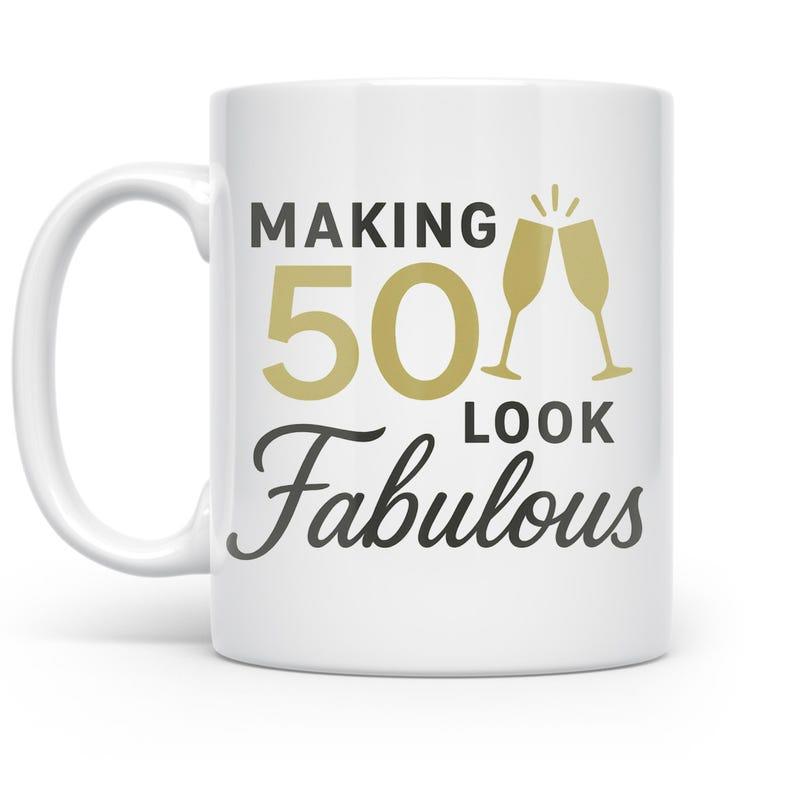 Tailorly White Ceramic 11 oz Mug - Making 50 Look Fabulous Elegant Golden Toasting Champagne Glasses Sparkling Among Celebration Lines Mug