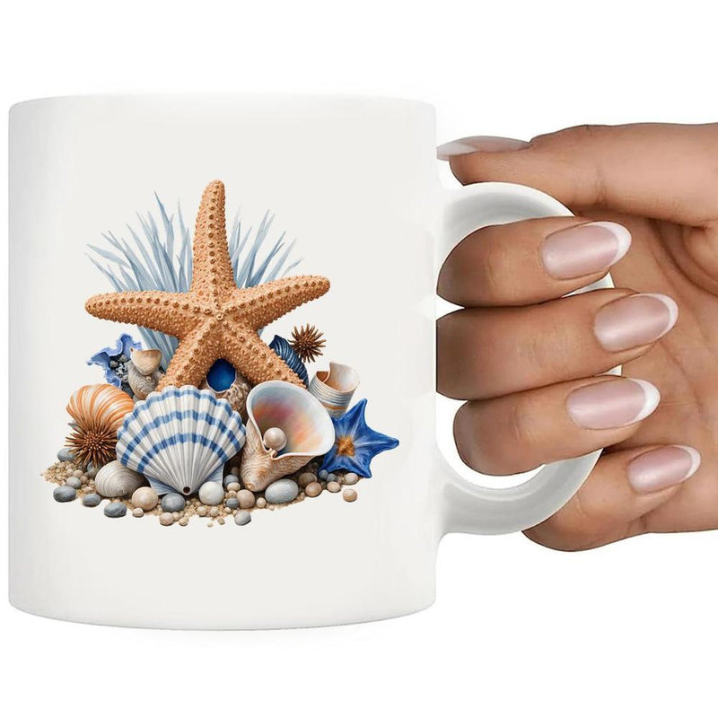 Tailorly White Ceramic 11 oz Mug - Detailed Coastal Collection Resting On Sand With Delicate Blue Corals Starfish