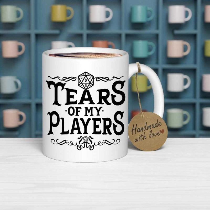 Tailorly White Ceramic 11 oz Mug - Tears Of My Players Classic Tabletop Gaming Icon With Decorative Swirls And Geometric Twenty Sided Die