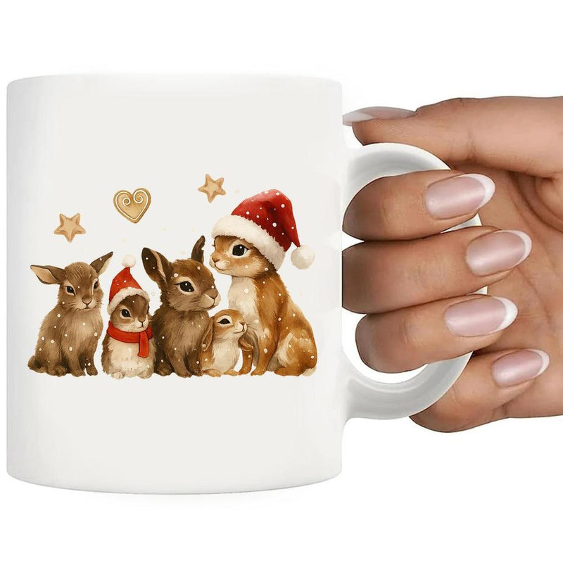 Tailorly White Ceramic 11 oz Mug - Adorable Brown Rabbits Wearing Festive Christmas Hats Under Golden Floating Stars Rabbit