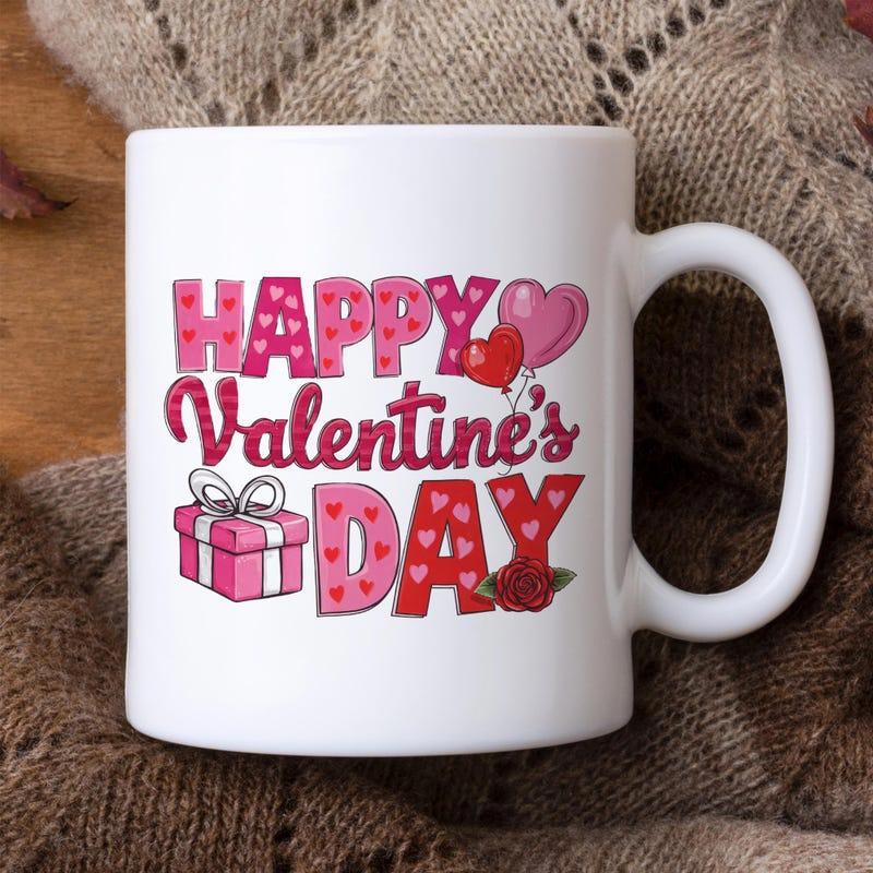 Tailorly White Ceramic 11 oz Mug - Happy Valentine's Day Pink Gift Box With Heart Balloons And Red Rose Heart