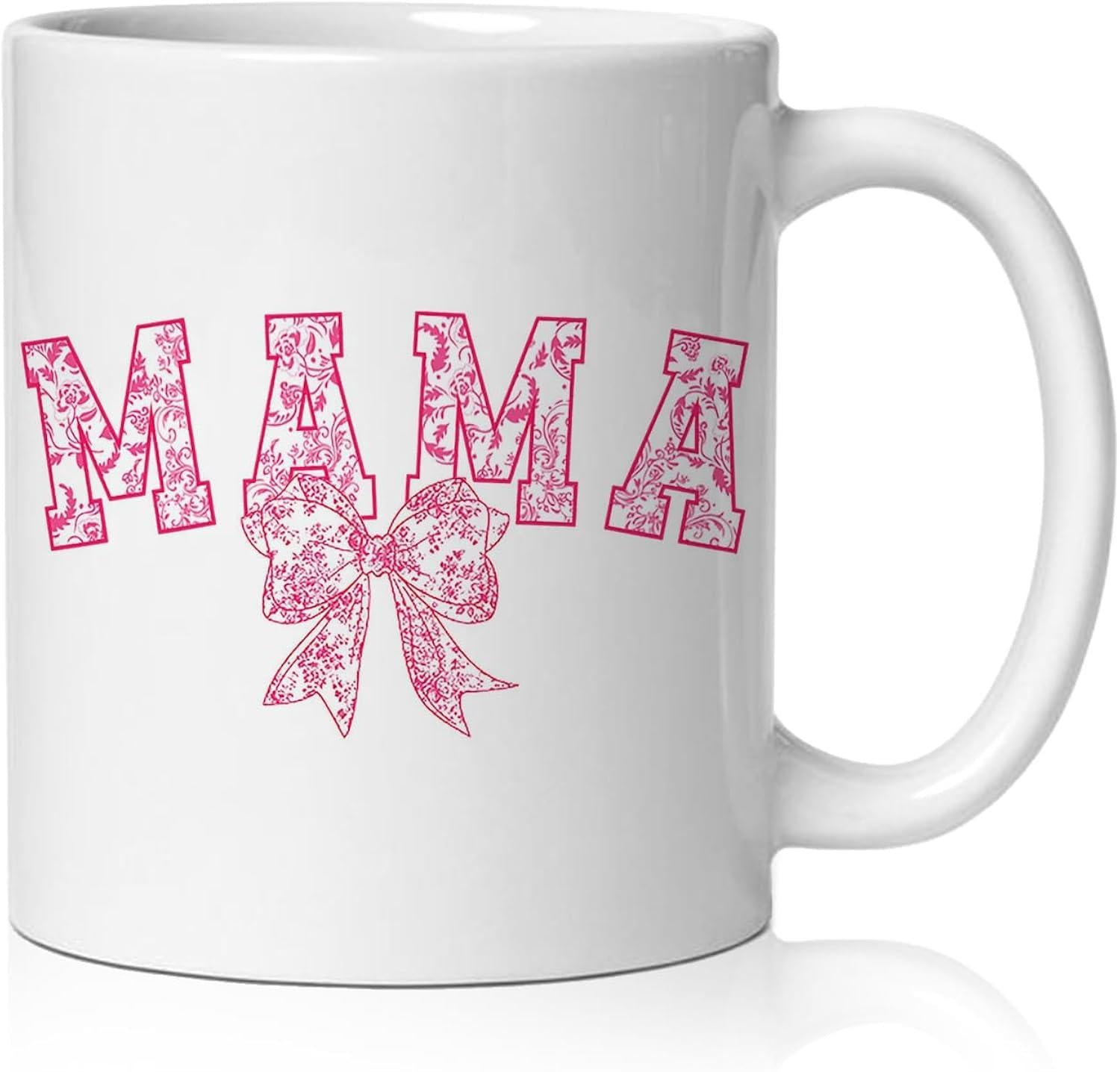 Tailorly White Ceramic 11 oz Mug - Mama Pink Floral Collegiate Letters Paired With A Matching Dainty Decorative Bow Mug